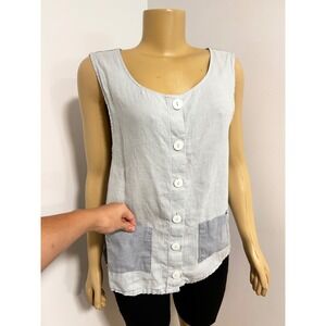Aly Wear Womens Medium Blue 100% Linen Button Front Vest Top USA BOHO Earthy